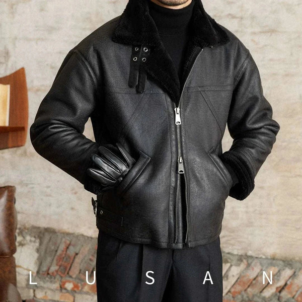 Mr. Lu San leather jacket in black with shearling lining, metal finishes, double zipper, and adjustable sides for a stylish and warm fit