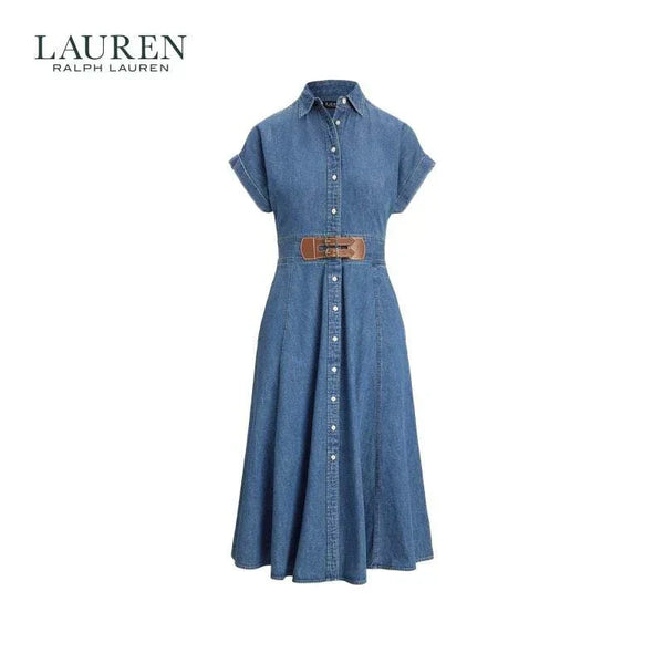 فستان دنيم كلاسيكي نسائي من Lauren by Ralph Lauren بحزام جلدي بني وأكمام قصيرة وياقة قميص وأزرار أمامية