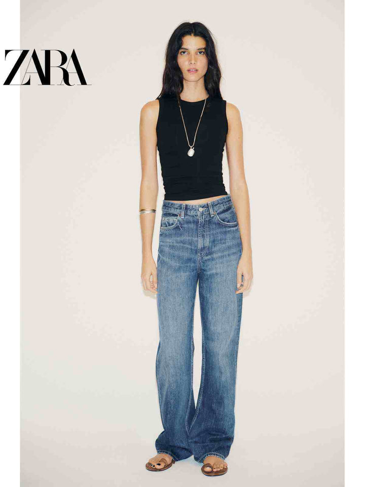 ZARA جينز ستريت ليج نسائي كاجوال عصري بقصة مستقيمة وقماش قطني مريح