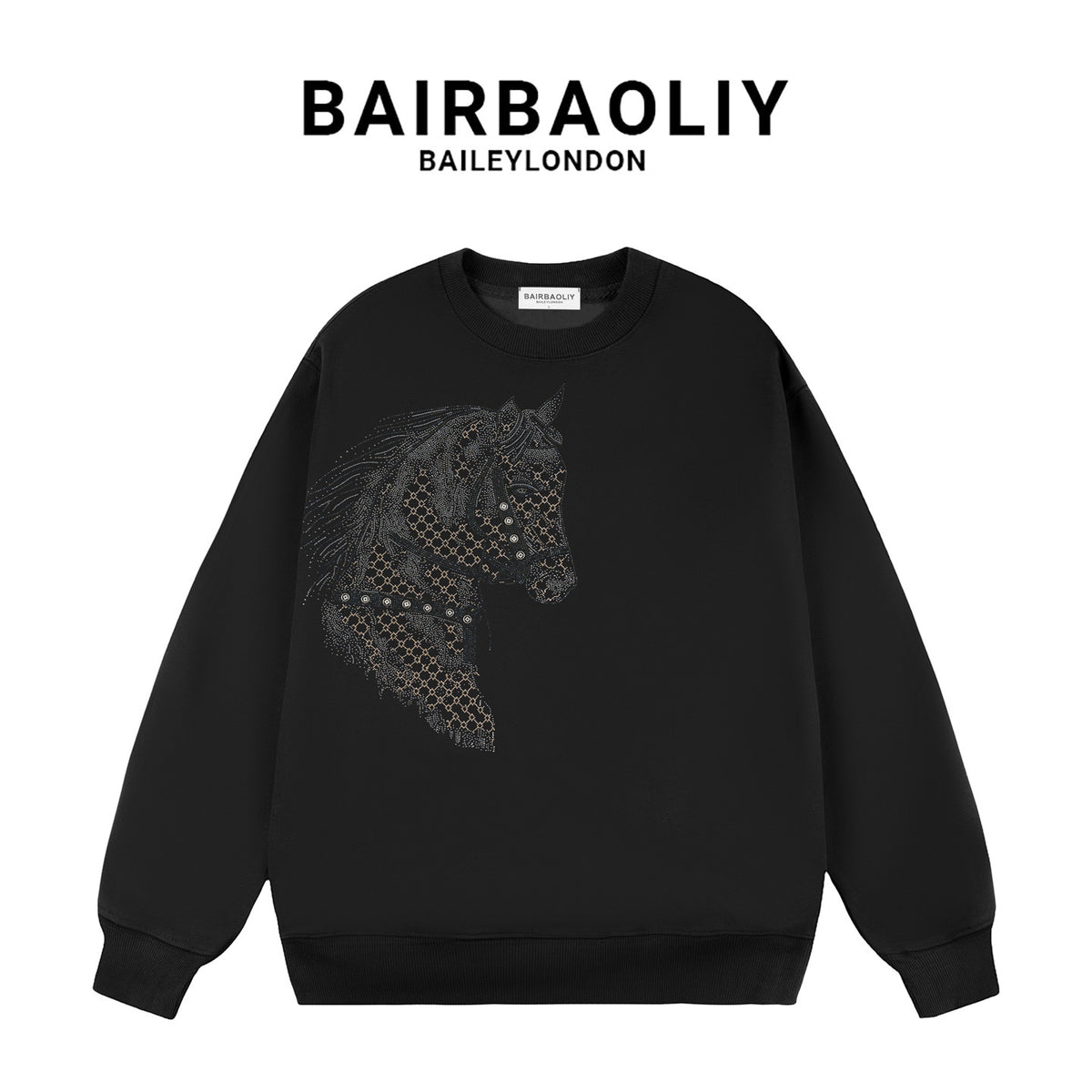 BAIRBAOLIY light luxury handsome War Horse Heavy Industries flash diamond round neck sweatshirt men's fashion brand autumn and winter fashion casual top