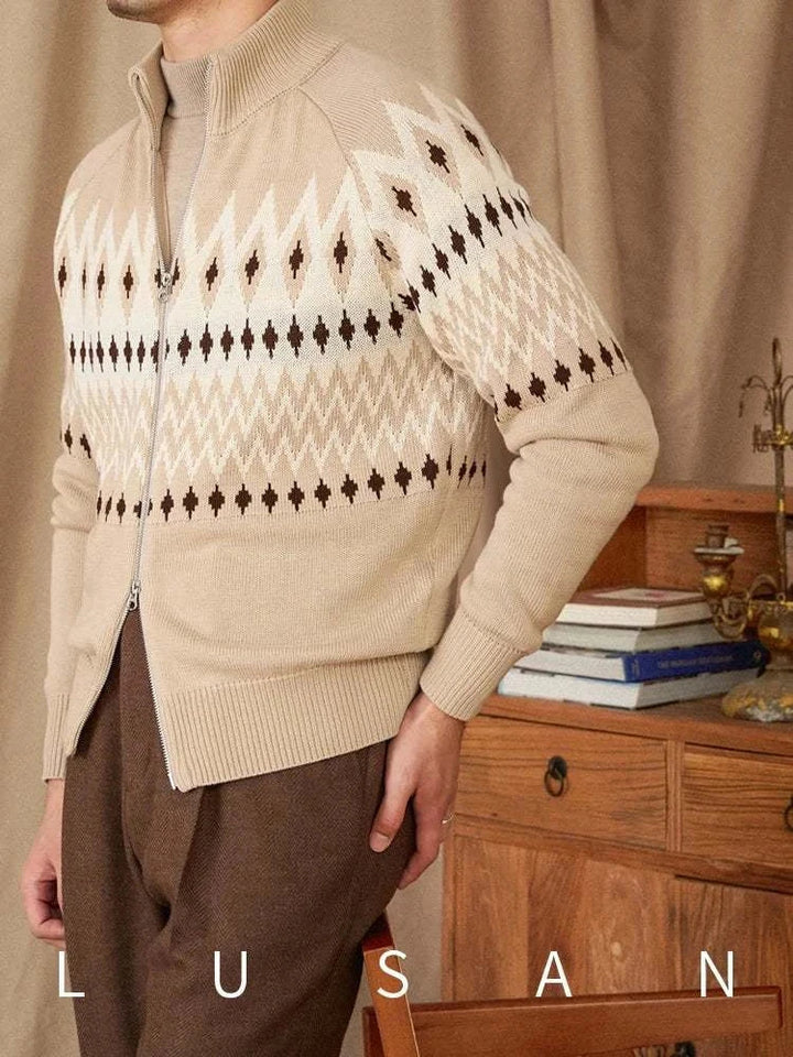 Mr. Deer Three Indian Sweater slim fit beige cardigan with geometric patterns and double zipper