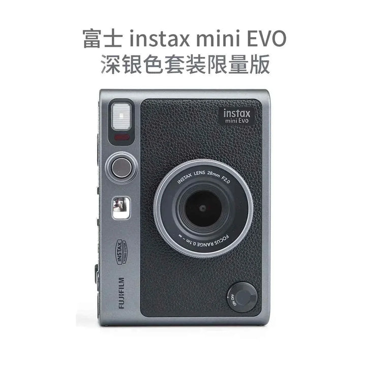 FUJIFILM Instax Mini Evo instant camera with silver and black leather design.