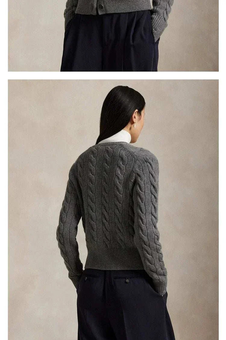 كاردجان رالف لورين رمادي محبوك بأكمام طويلة وتصميم كلاسيكي أنيق