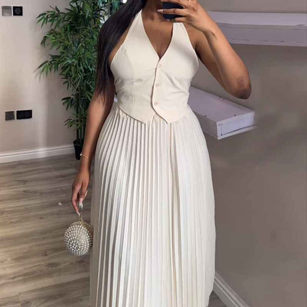 European and American 2024 summer fashion halterneck vest top skirt casual suit in solid color.