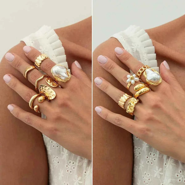 طقم خواتم نسائية بتصميم باروك معدني مموج ولؤلؤ صناعي بأشكال غير منتظمة يناسب Irregular design ring 2025
