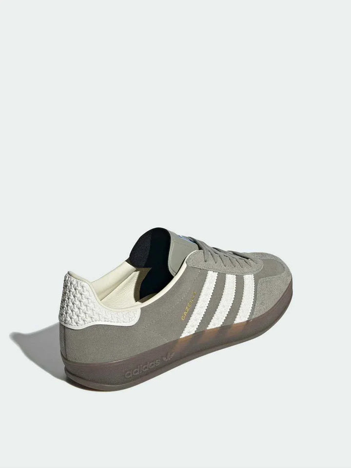 Gray and white Adidas official clover GAZELLE indoor German training shoe with suede upper and white stripes