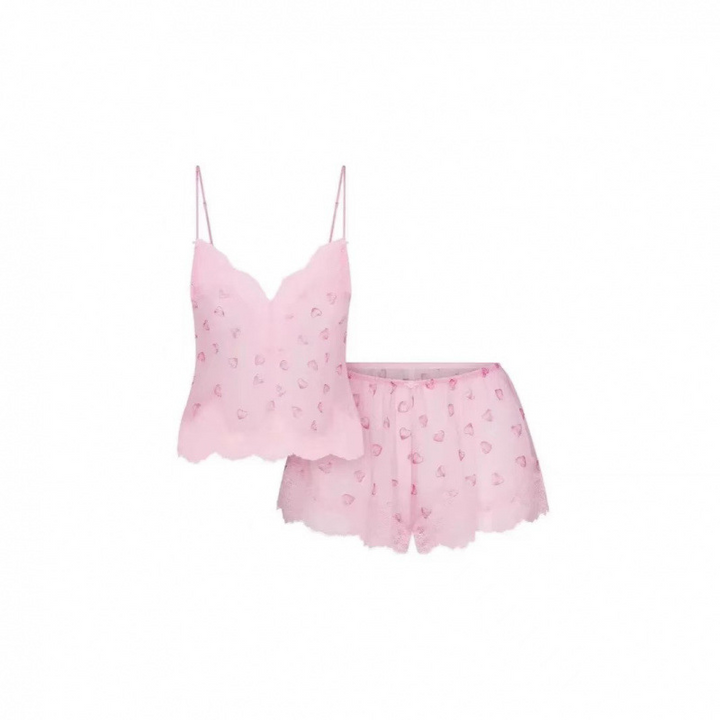 Pink SKIMS lace sleep set with heart pattern, lightweight and romantic design pajama set