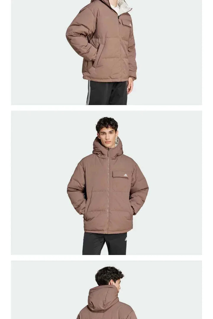 جاكيت Adidas 600 Puff دافئ وكاجوال بلون بني بزاج صغير وجيوب عملية للرجال والنساء