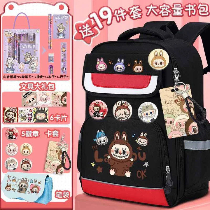 Labubu school bag for kids with cartoon design, large capacity, ergonomic back support, waterproof Oxford fabric, and 19-piece school supplies set.