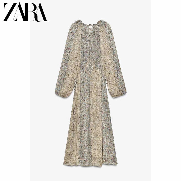 فستان نسائي طويل بأكمام طويلة من مجموعة ZARA2025 لخريف يتميز بخط معدني أنيق