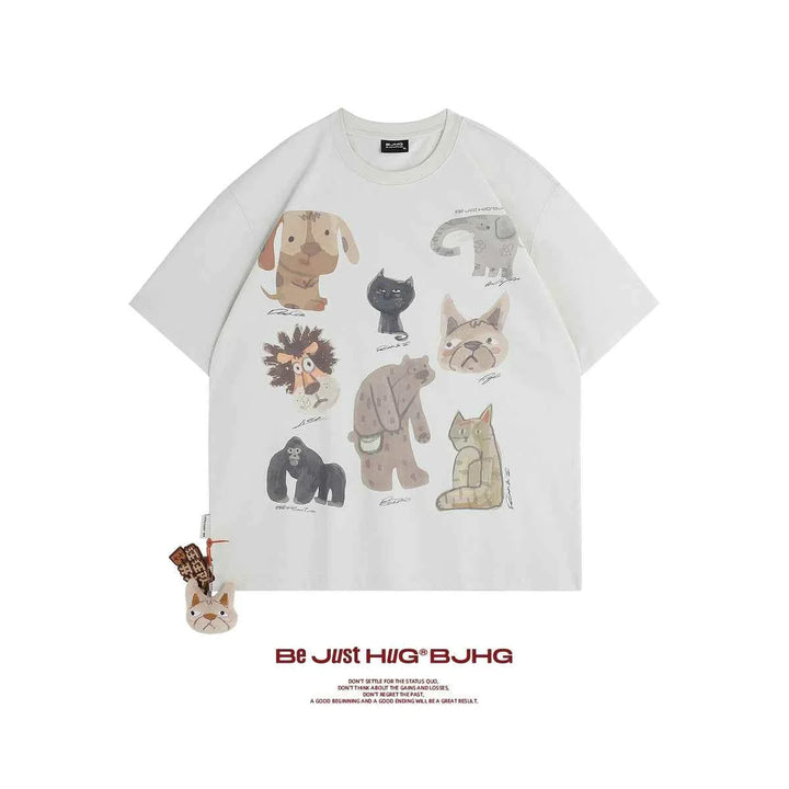White casual t-shirt with colorful cartoon animal illustrations, lightweight and comfortable for summer wear.