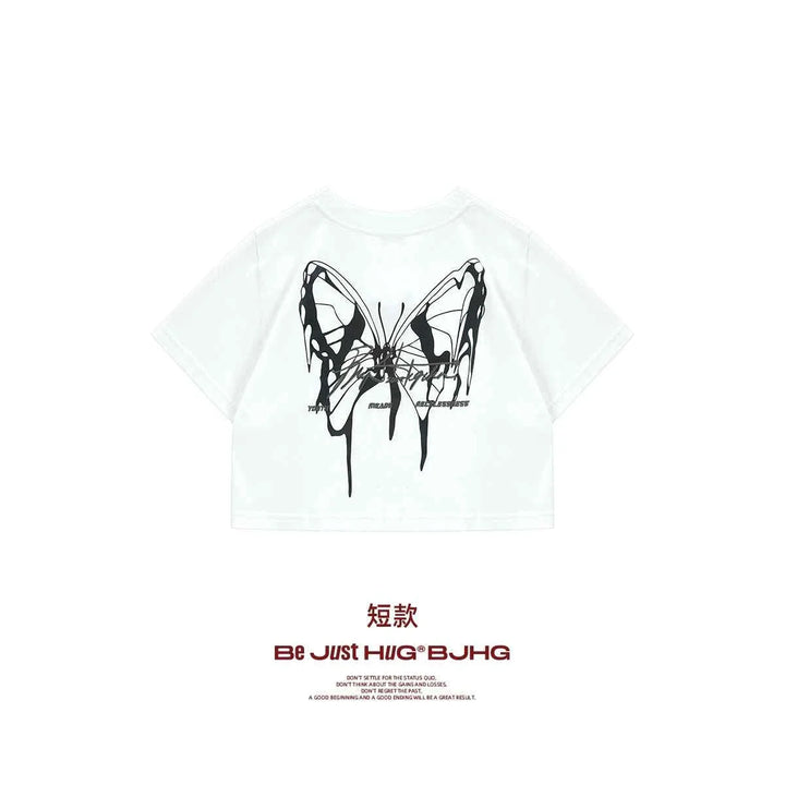 White BJHG reflective butterfly t-shirt with modern urban design and comfortable fabric.