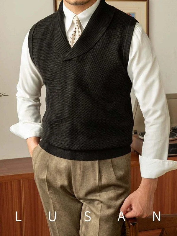 Mr. Lusan warm sweater vest black shawl collar knit vest stylish and comfortable layering piece