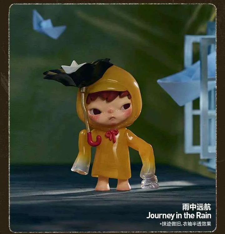 POPMART Hirono Echo Series figurine "Journey in the Rain" in yellow raincoat with umbrella.