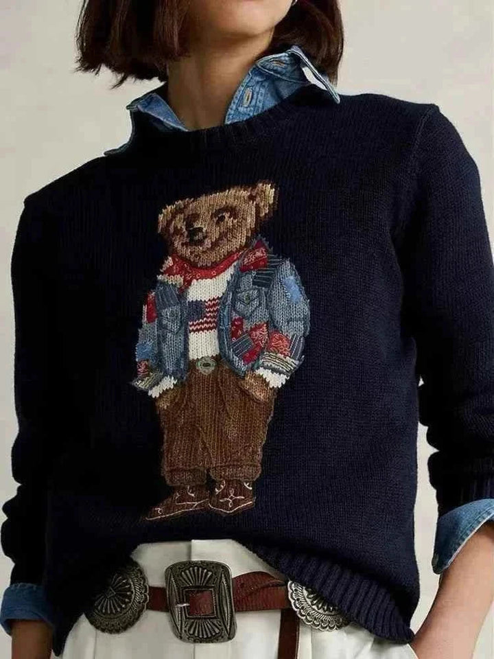 كنزة محبوكة أصلية هاوت كوتور أمريكية برقبة دائرية وتصميم دب كاجوال