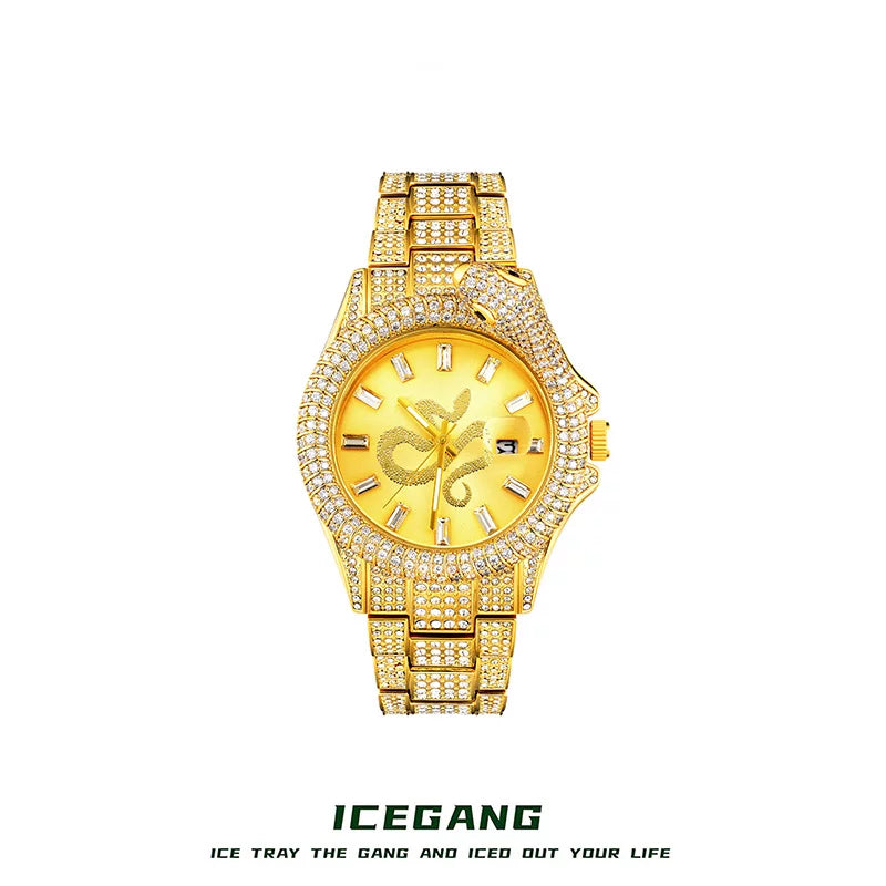 ساعة ICEGANG بميناء أصفر وإطار ذهبي من الأمام