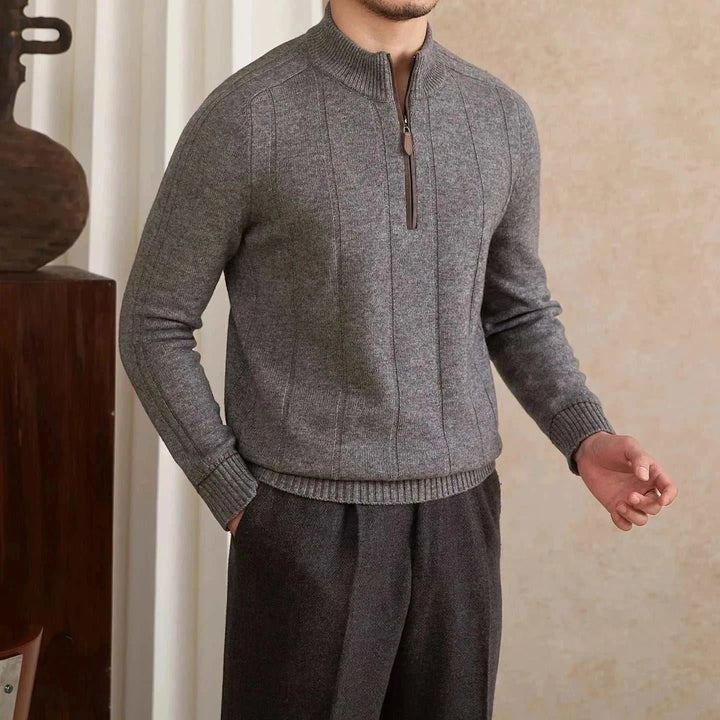 Mr. Lu San's 30% wool grey sweater with half-zip collar and ribbed cuffs elegant design