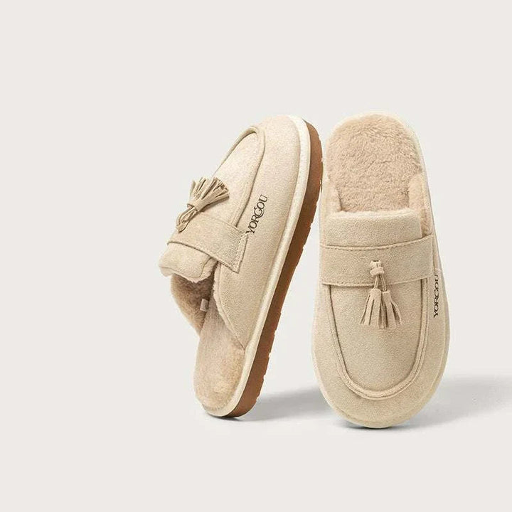 نعال dalaxiong الفاخرة مريحة ببطانة فرو سميكة ونعل مطاطي مرن مقاوم للانزلاق باللون البيج الأنيق