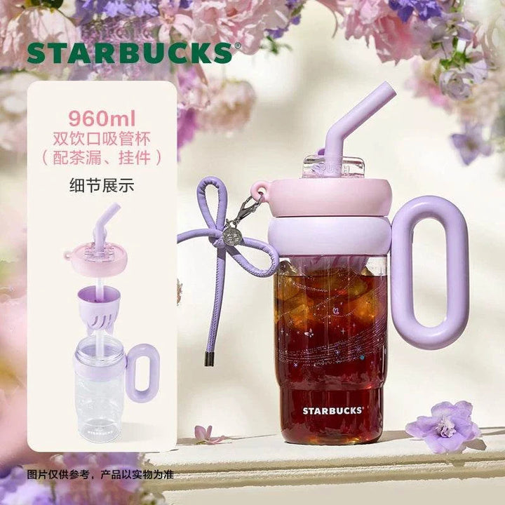 كوب ستاربكس حافظ للحرارة بتصميم بنفسجي مزخرف وأزهار بمقبض مريح وغطاء محكم مع مصاصة قابلة للنزع سعة 960 مل