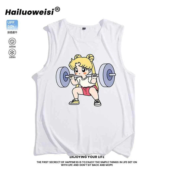 White sleeveless cartoon girl weightlifting sports tank top tee