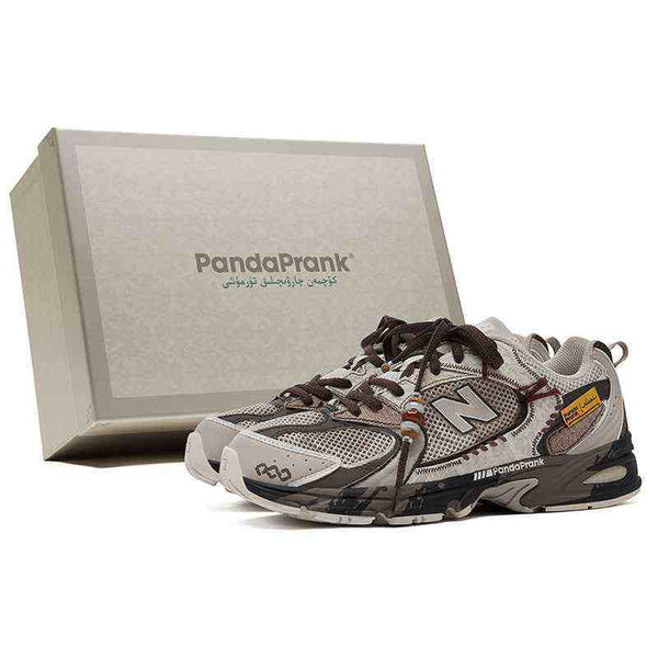 نيوبالانس New Balance إصدار مخصص sneakers in beige and brown with decorative beaded laces, breathable mesh, durable synthetic leather, and PandaPrank logo, shock-absorbing sole, displayed with PandaPrank branded box