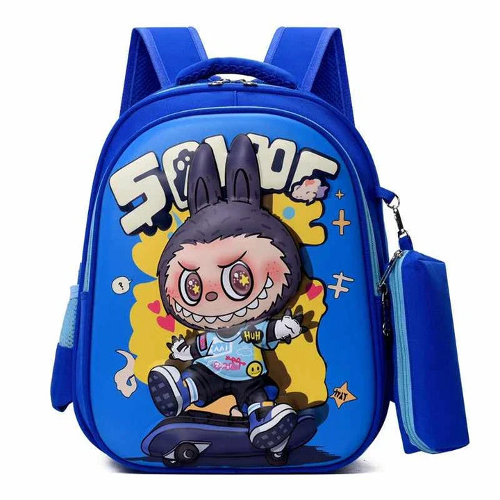 Blue LABUBU cartoon backpack with a cute character design, lightweight and spacious for school use