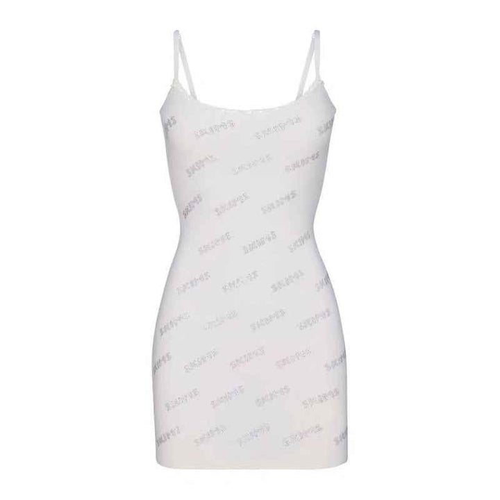 white Skims short dress with thin straps and subtle logo print, sleeveless slim fit design
