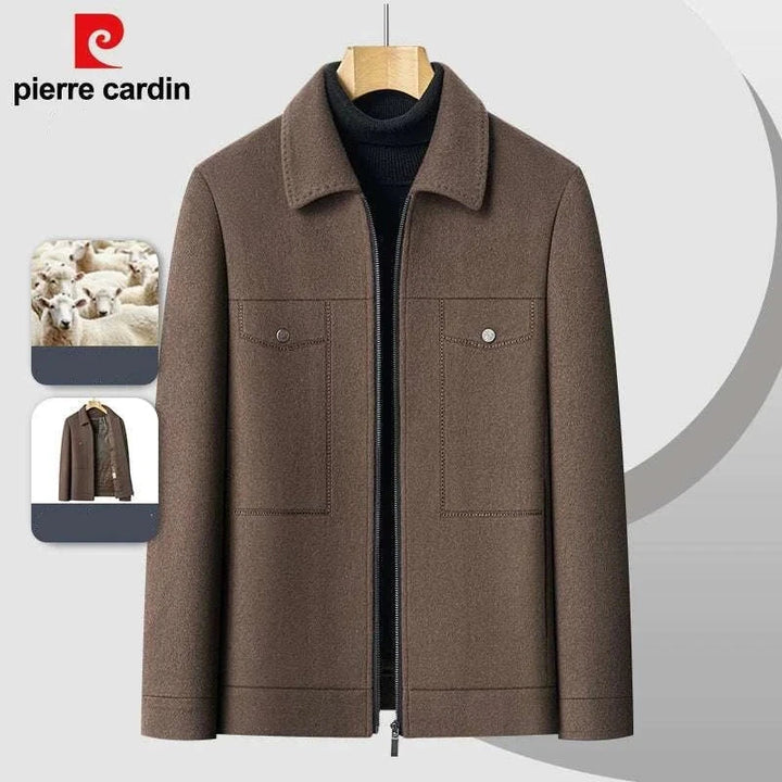 جاكيت صوفي بني من Pierre Cardin تصميم أنيق وعصري مع بطانة مبطنة وسحّاب مزدوج