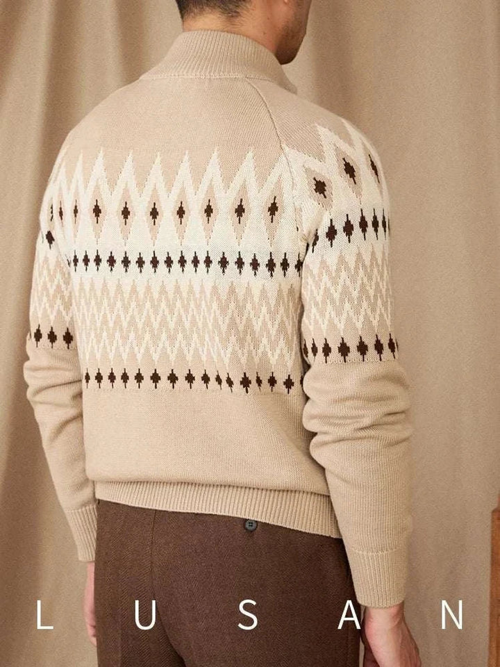 Mr. Deer Three Indian Sweater beige slim fit cardigan with geometric knit pattern and high collar back view