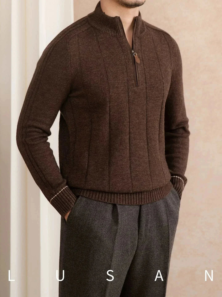 Mr. Lu San's 30% wool brown sweater with half-zip and ribbed cuffs for stylish warmth