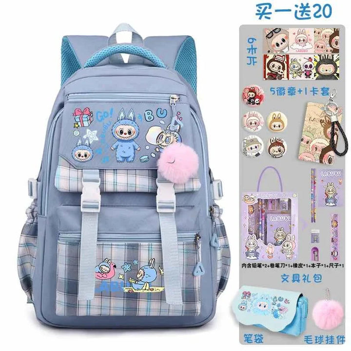 Blue LABUBU cartoon backpack with large capacity and 20-piece free school supplies set