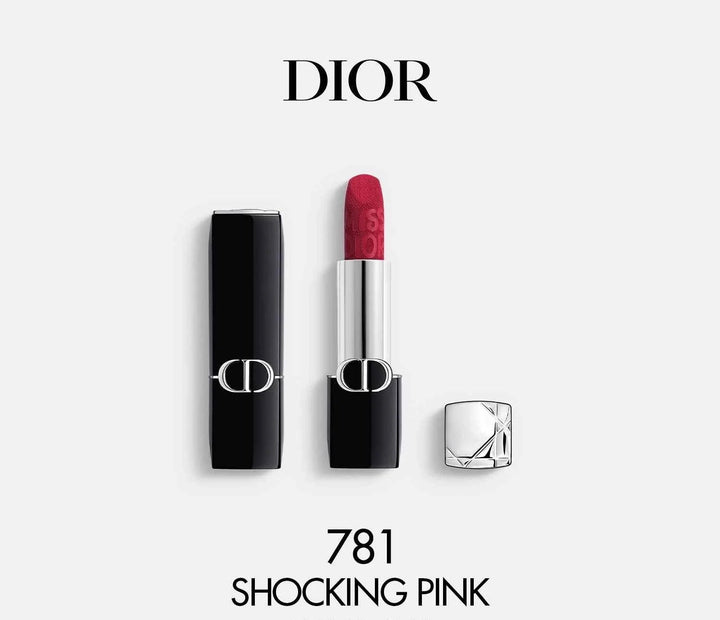 Rouge Dior الكلاسيكية lipstick in shade 781 Shocking Pink with sleek black and silver packaging by Dior.