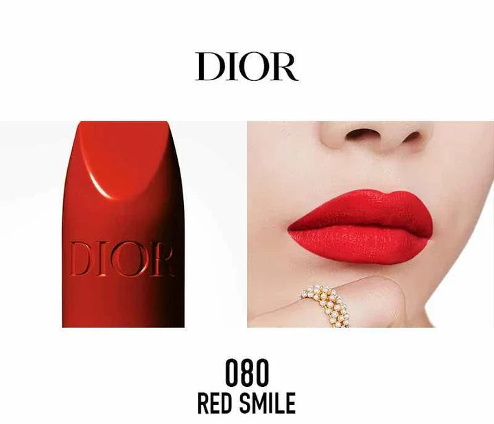 Rouge Dior الكلاسيكية red lipstick 080 Red Smile with vibrant red color on lips and embossed DIOR logo on the lipstick bullet.