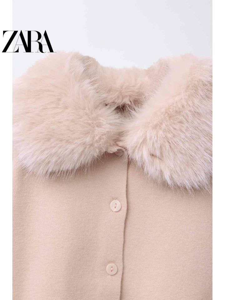 ZARA كارديجان نسائي بياقة فرو أنيق بلون بيج مع أزرار أمامية