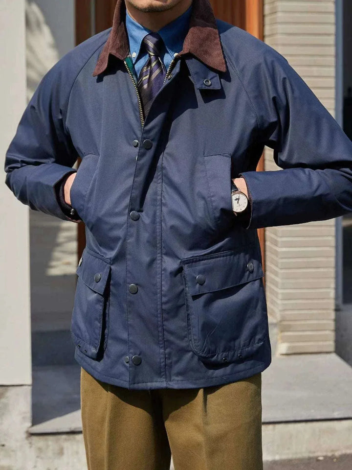 Mr. Lusan winter retro British jacket with brown corduroy collar and navy moisture-resistant fabric