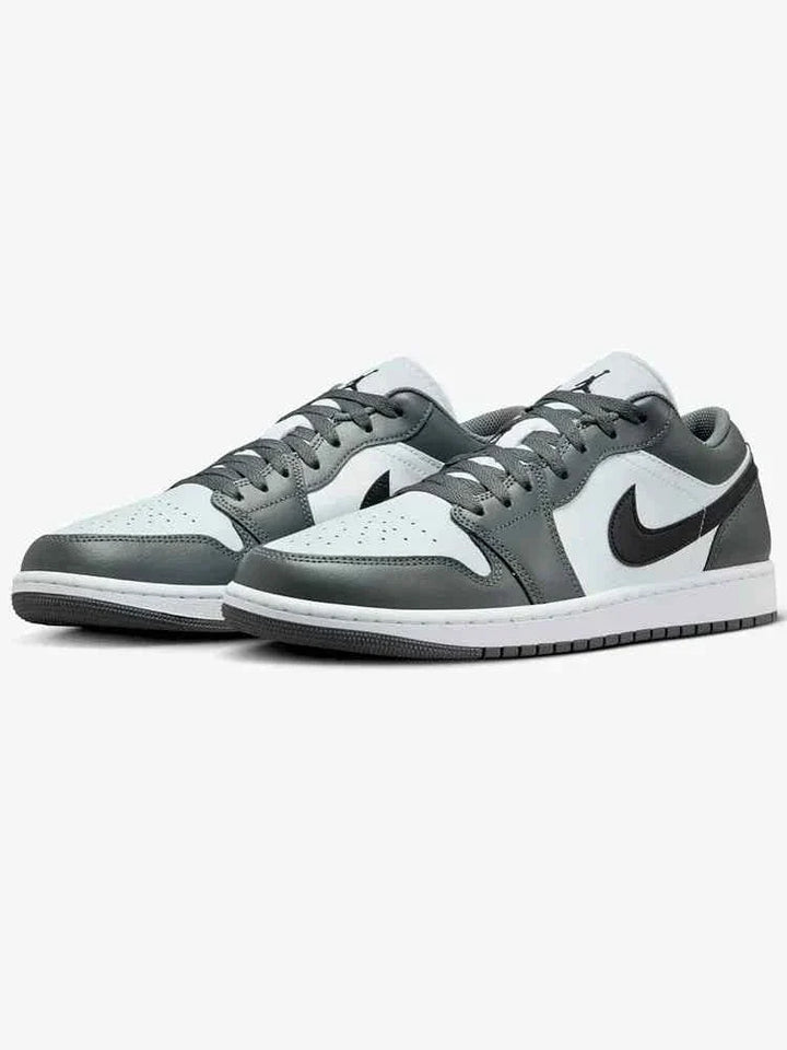 Nike Air Jordan 1 Low men's shoes in white, black, Iron Grey, classic style.