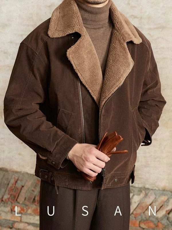 Mr. Lusan English jacket brown suede with sherling collar and zipper closure