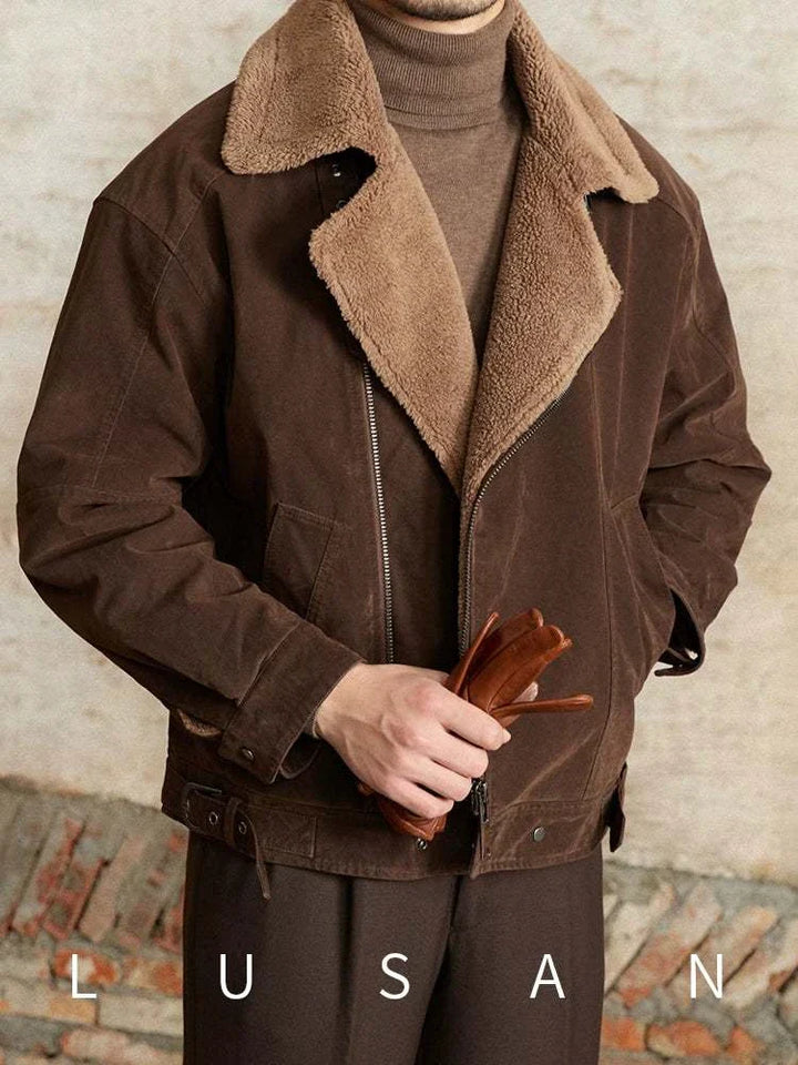 Mr. Lusan English jacket brown suede with sherling collar and zipper closure