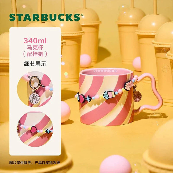 كوب ستاربكس فريبوتشينو بتصميم وردي وأصفر باستيل مع حزام خرزي وألوان جذابة