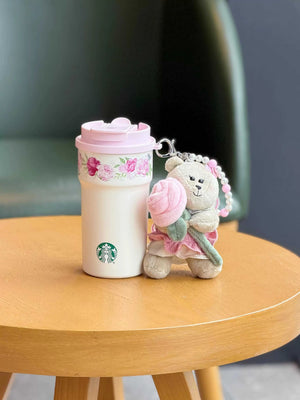 كوب Starbucks ستيل 316L وردي بنقشة الورد مع تعليقة Bear.