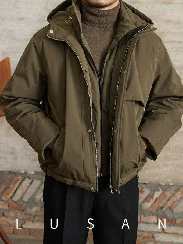 جاكيت Mr. Lu San's windproof jacket in dark olive with dual zippers and hoodie for warmth and style