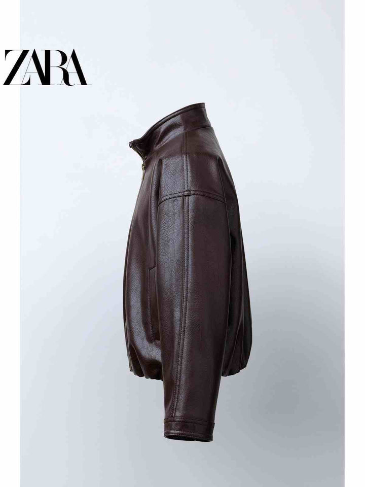 سترة بنية جلد صناعي بأكمام طويلة للأطفال بنات من مجموعة ZARA2025 خريف جديدة