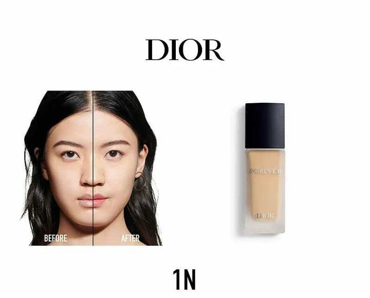 Dior Forever Foundation luxury set with before and after face showing natural radiant finish and long-lasting flawless coverage.