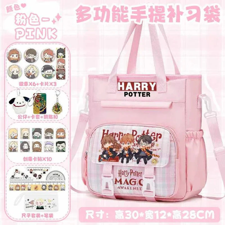 Pink Harry Potter themed multifunctional school backpack with cartoon character design and free 27-piece accessory set