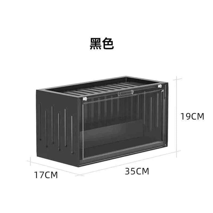 Black storage box with dimensions: 35cm length, 17cm width, and 19cm height.