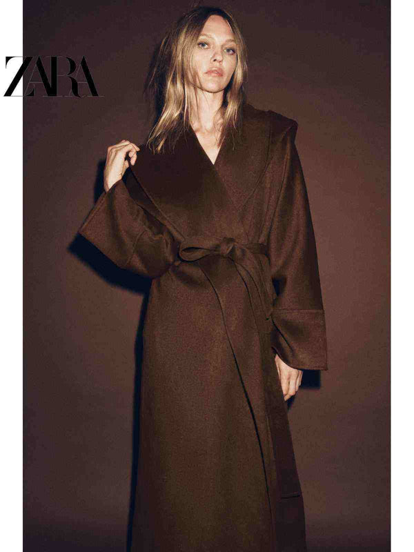 معطف نسائي طويل صوف مزيج من ZARA2025 fall لخريف النساء بتصميم كلاسيكي بني اللون