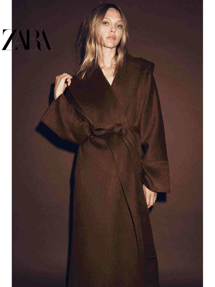 معطف نسائي طويل صوف مزيج من ZARA2025 fall لخريف النساء بتصميم كلاسيكي بني اللون