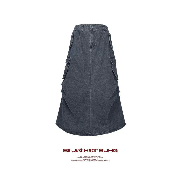 Long washed denim cargo skirt with side pockets and a wide A-line silhouette