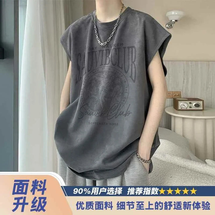 Sleeveless SAUVIBCLUB graphic t-shirt in dark gray with bold street style design, casual and comfortable for daily wear