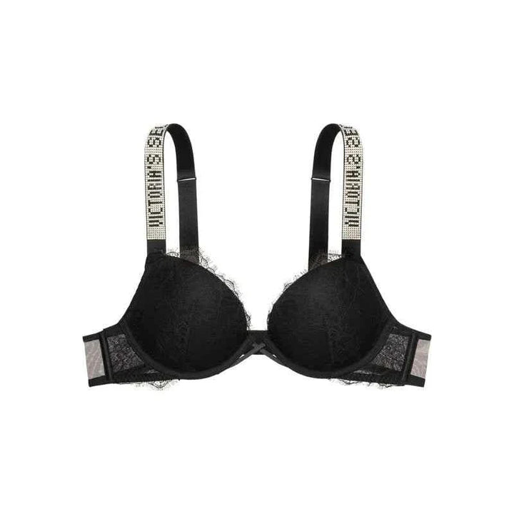 حمالة صدر Victoria's Secret سوداء بكتابات لامعة على الأشرطة بتصميم أنيق ومناسب لتجميل الصدر الصغير